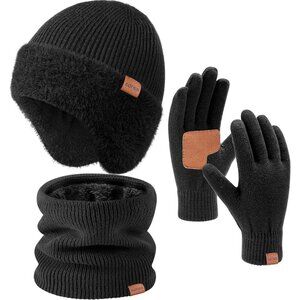 Unisex Black Fleece-Lined Beanie with Earflaps, Scarf & Touchscreen Gloves